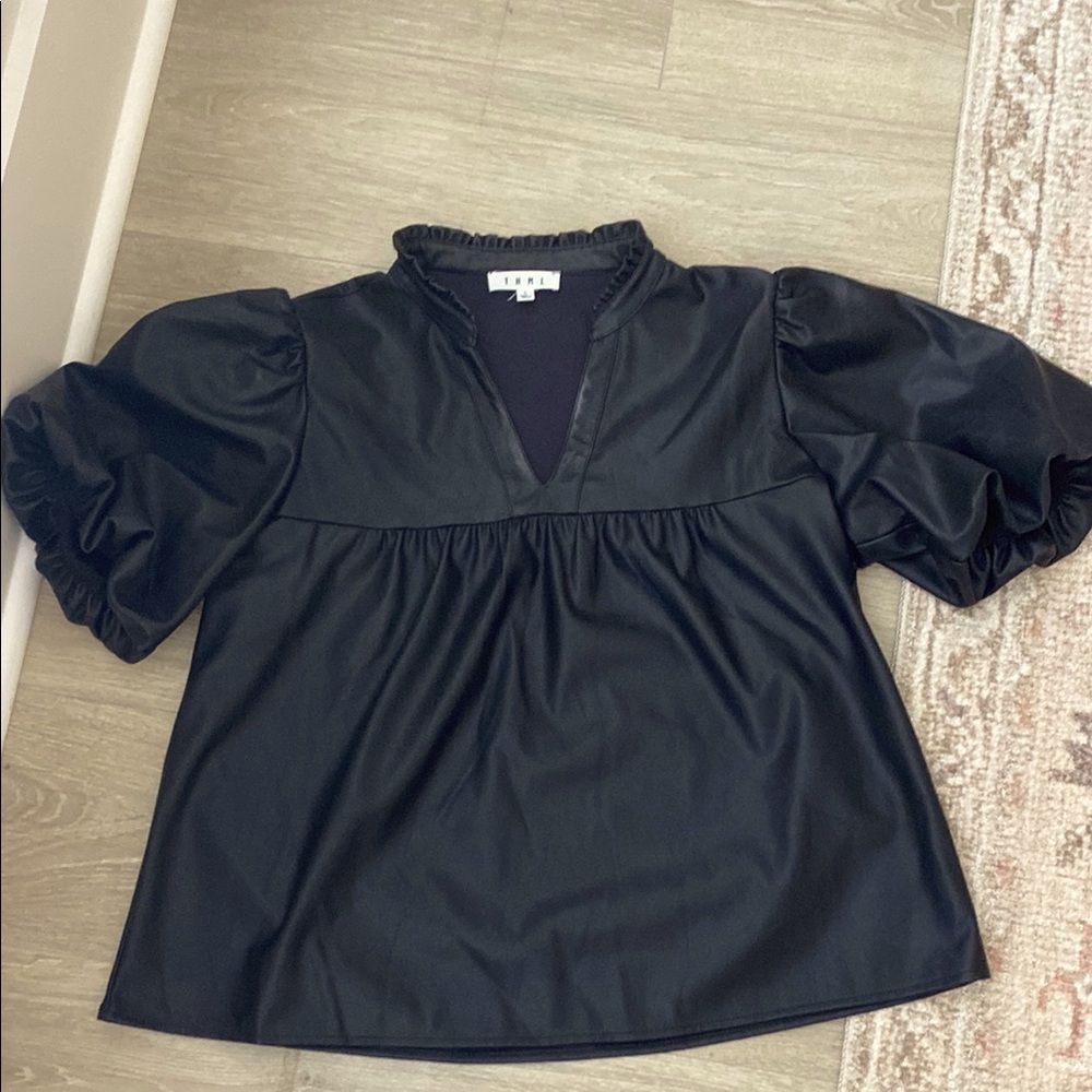 THML Black Puff Sleeve Blouse pleather top
